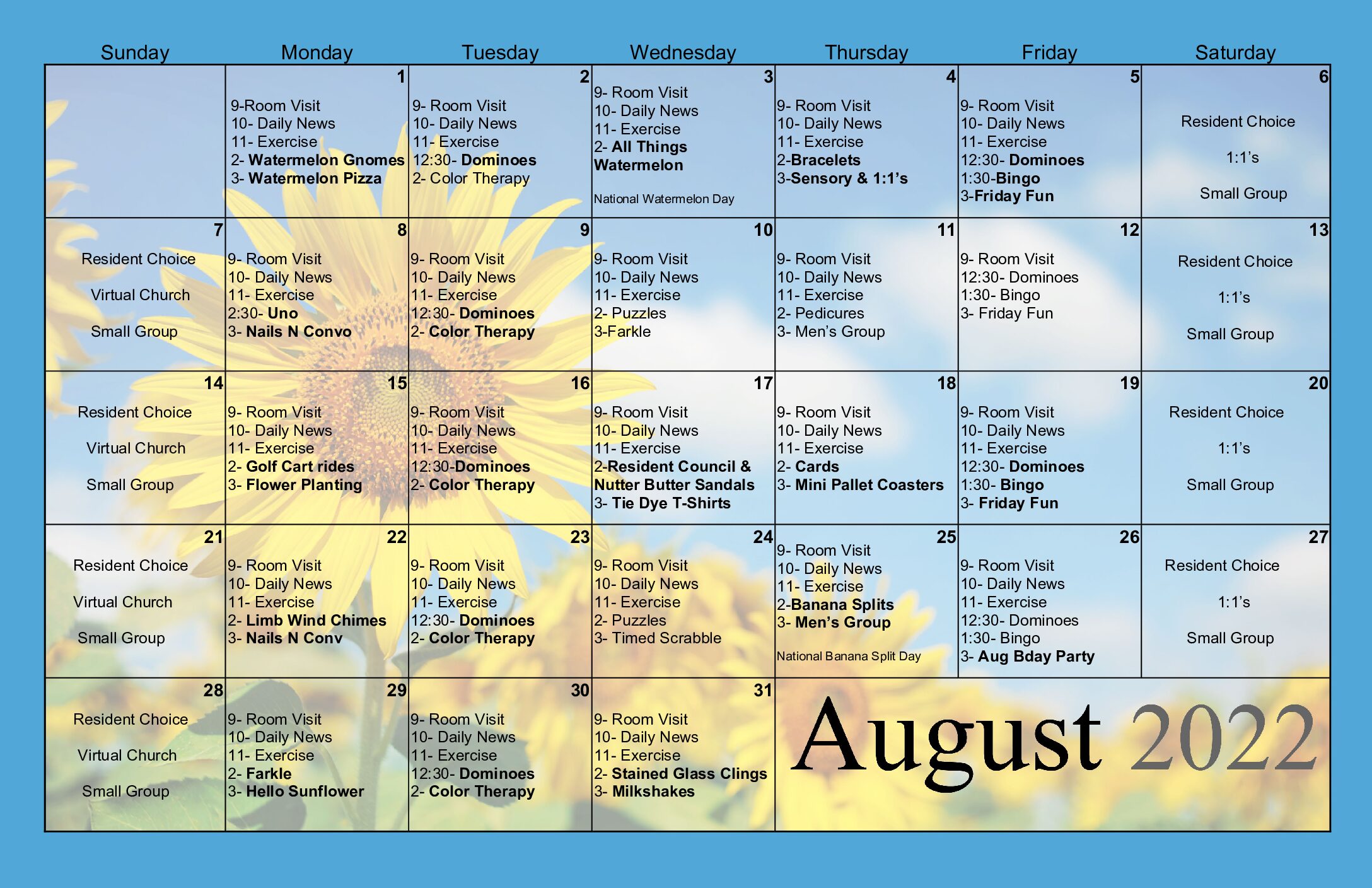 August Activity Calendar '22